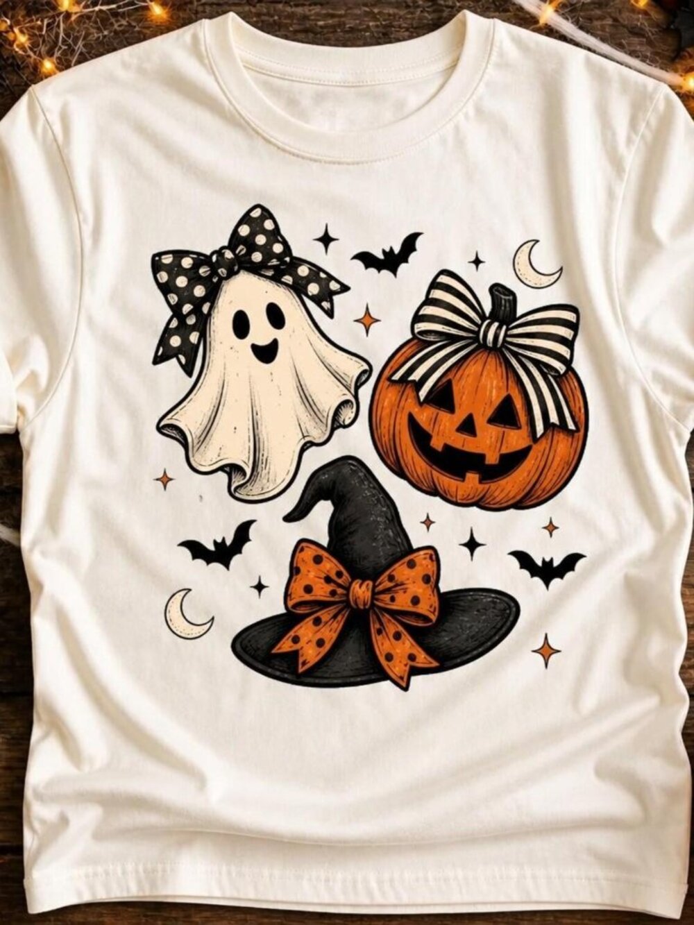 Cute Halloween Ghost Pumpkin Witch Hat T-Shirt Spooky Bow Illustration